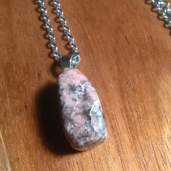 Rhodochrosite Silvertone Brass Pendant Stainless Steel Necklace - Picture 1 of 8